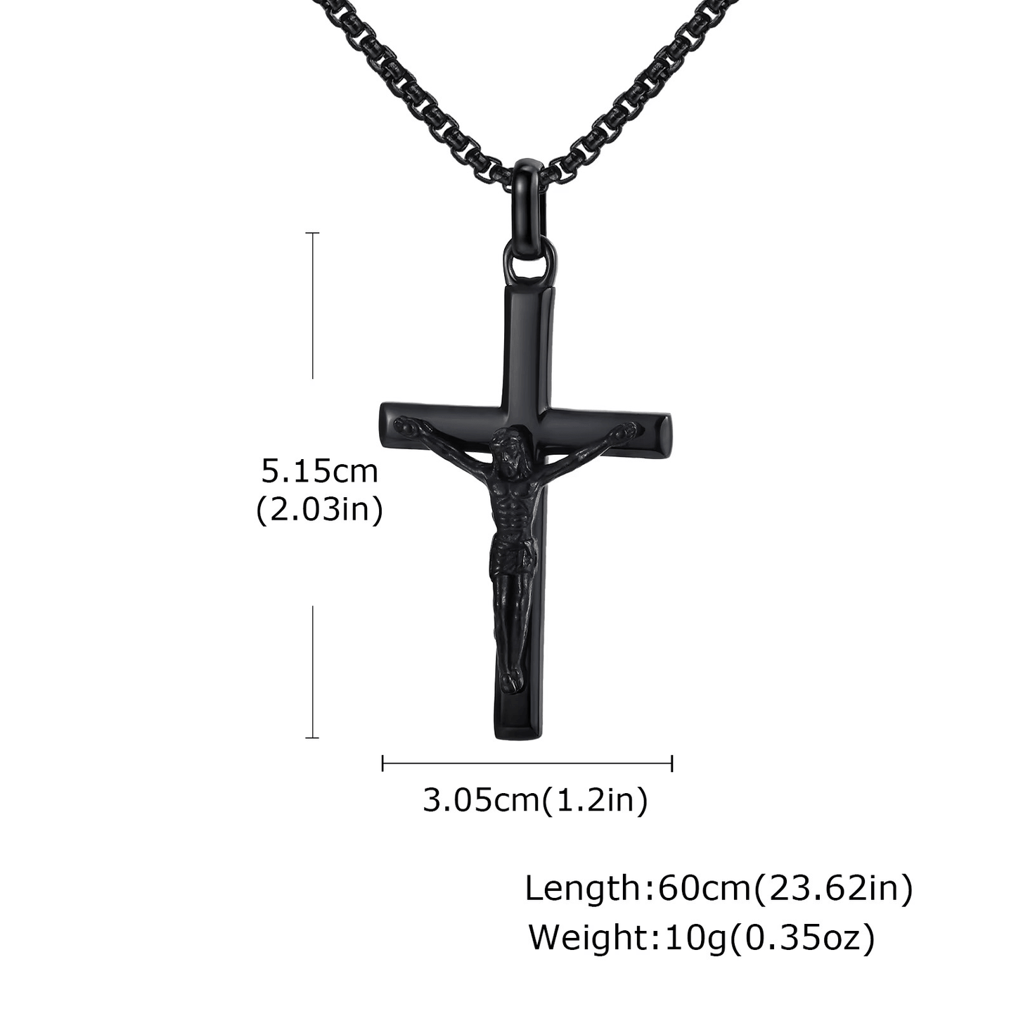 Black crucifix pendant necklace with measurements on a white background