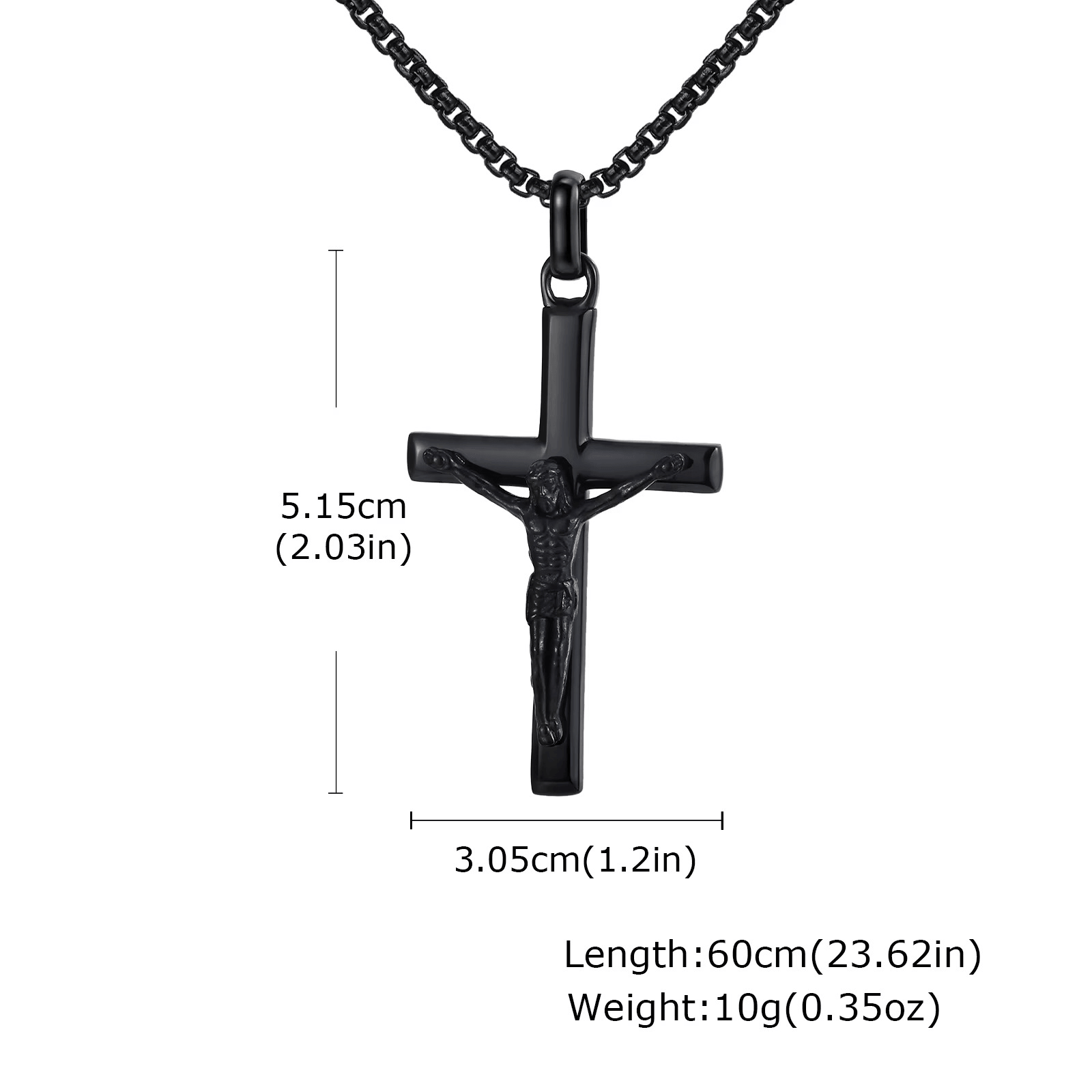 Black crucifix pendant necklace with measurements on a white background