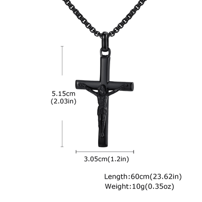 Black crucifix pendant necklace with measurements on a white background