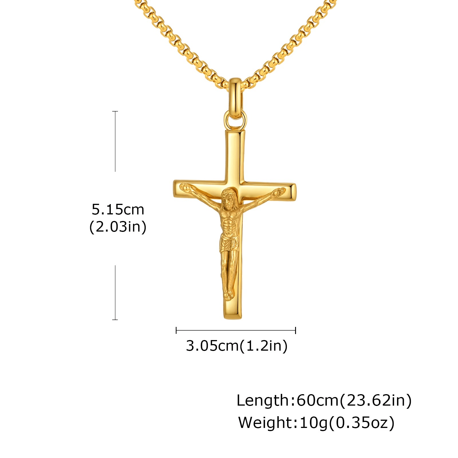 Gold crucifix pendant with measurements on a white background