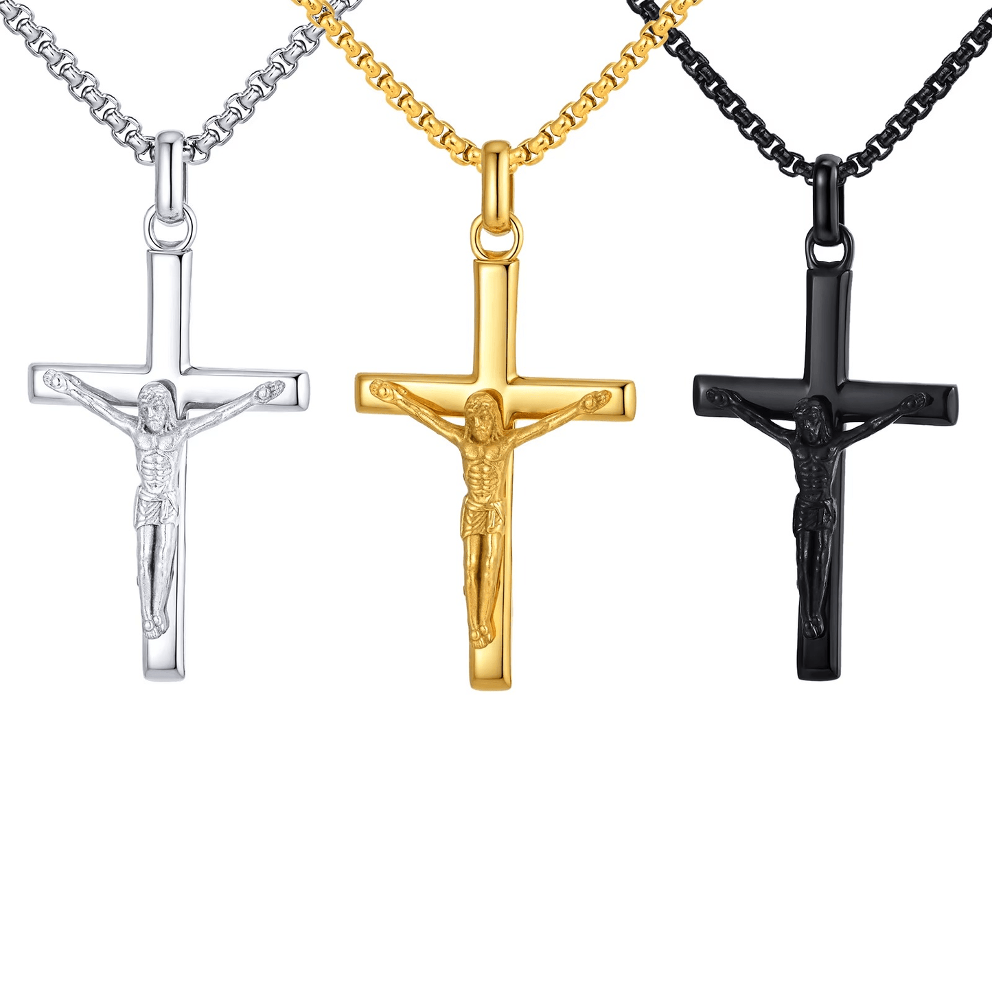 Three crucifix pendants in silver, gold, and black on white background