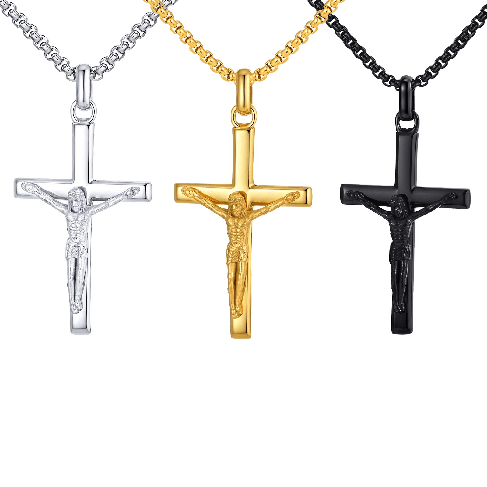 Three crucifix pendants in silver, gold, and black on white background