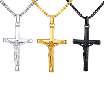 Three crucifix pendants in silver, gold, and black on white background