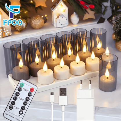 Set of LED candles with remote control and USB cable on a decorative background