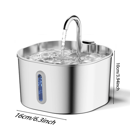 Stainless steel pet water fountain with water flowing, shown on a white background.