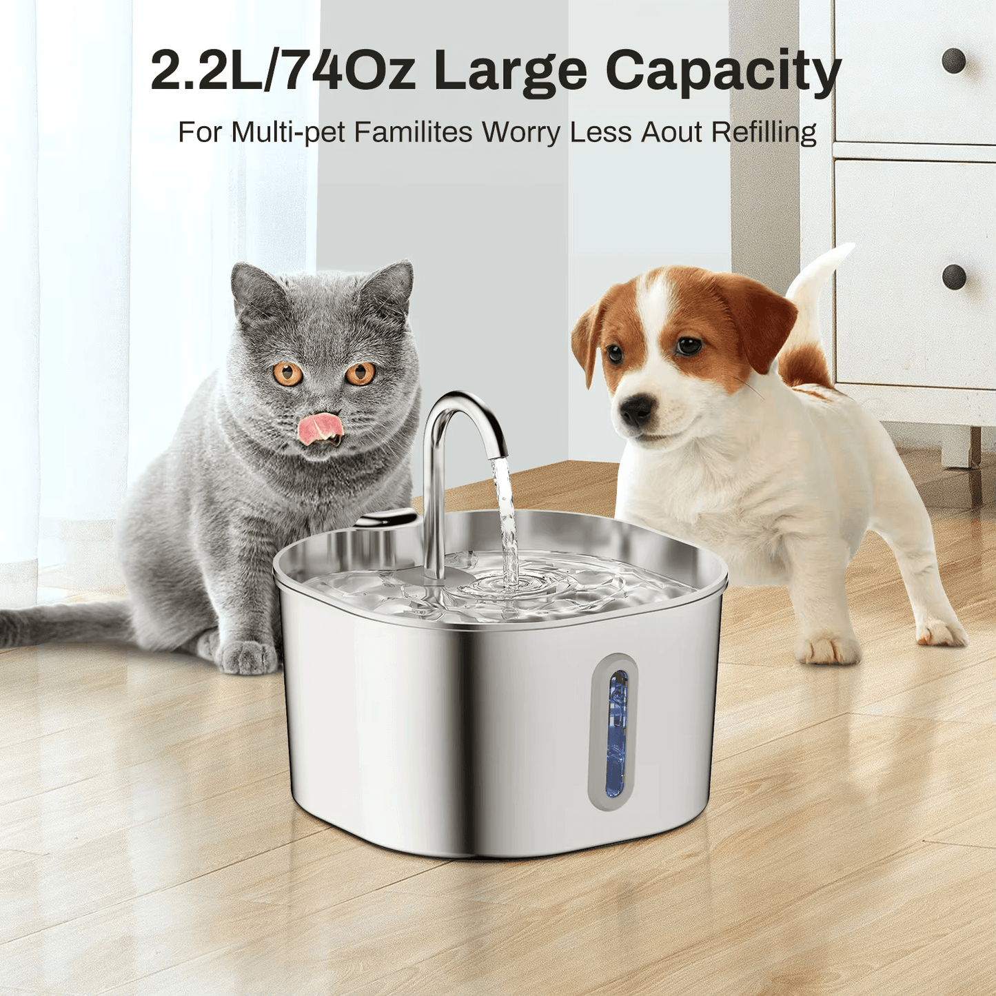 Pet water fountain with a cat and dog in a home setting