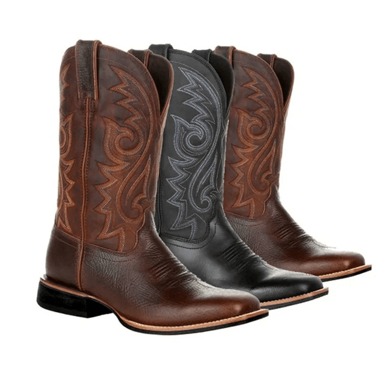 Three pairs of cowboy boots in brown, black, and gray on a white background