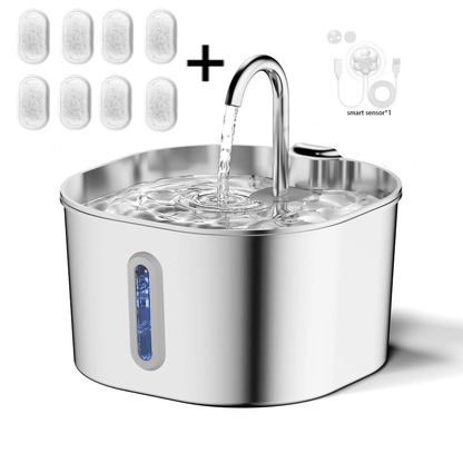 Stainless steel pet water fountain with water flowing, including additional filters and smart sensor on a white background.