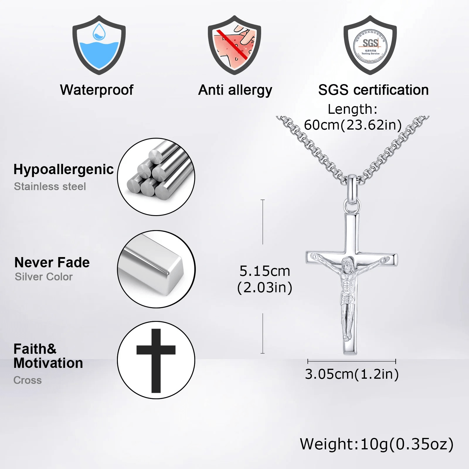 Silver crucifix pendant with certification logos and product features on a white background